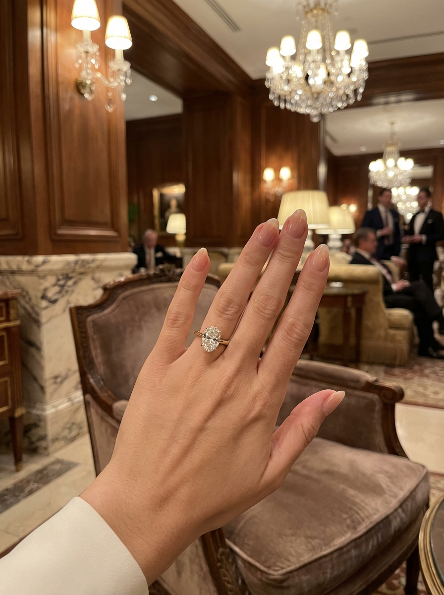 Yüzük üzerine yerleştirilmiş 2.3CT oval kesim taş, zarif ve modern bir görünüm sunuyor.