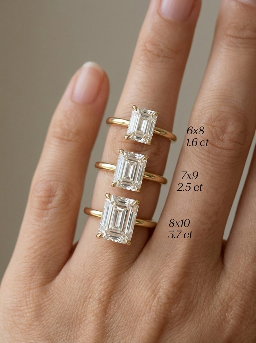 Renk seçenekleri sunan 2.5CT Emerald Cut Yüzük, Gold, Silver ve Rose Gold alternatifleriyle, sofistike ve şık bir aksesuar.