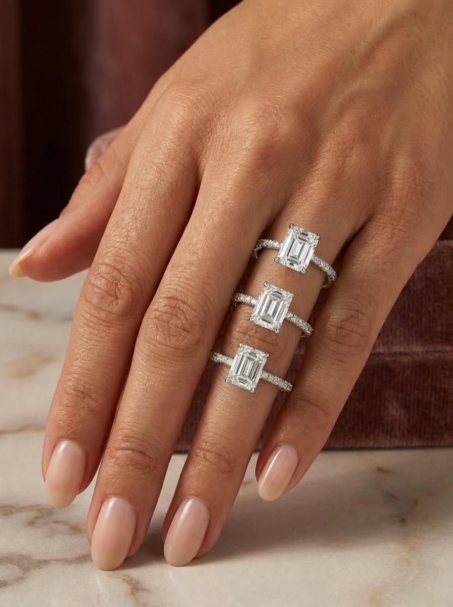 2.5CT Emerald Cut Eternity Yüzük, zarif ve şık tasarımıyla 925 ayar gümüşten yapılmıştır.