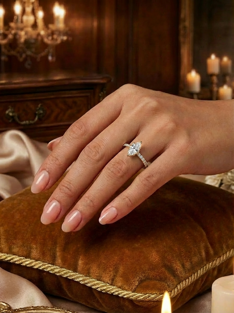 İşlemeli 0.81CT Marquise Cut Eternity Yüzük, marquise kesim taşlarıyla elegan bir görünüm sunuyor.