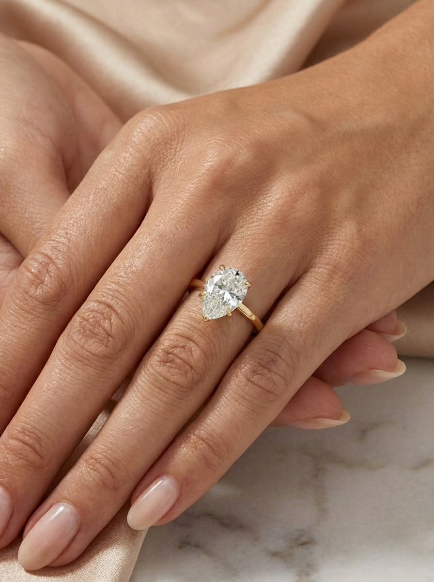 3.0CT Pear Cut Yüzük, damla kesim taş formu ile modern ve klasik şıklığı bir araya getiriyor.