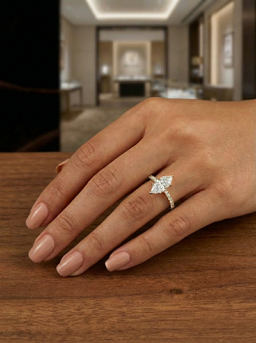 1.4CT Marquise Cut Eternity yüzüğün farklı renk seçenekleri, Gold, Silver ve Rose Gold ile lüks bir dokunuş.