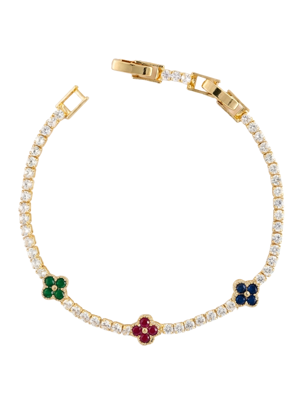 Aurora Bileklik, zümrüt yeşil, yakut kırmızısı ve safir mavisi taşlarla süslenmiş lüks bilezik tasarımı.