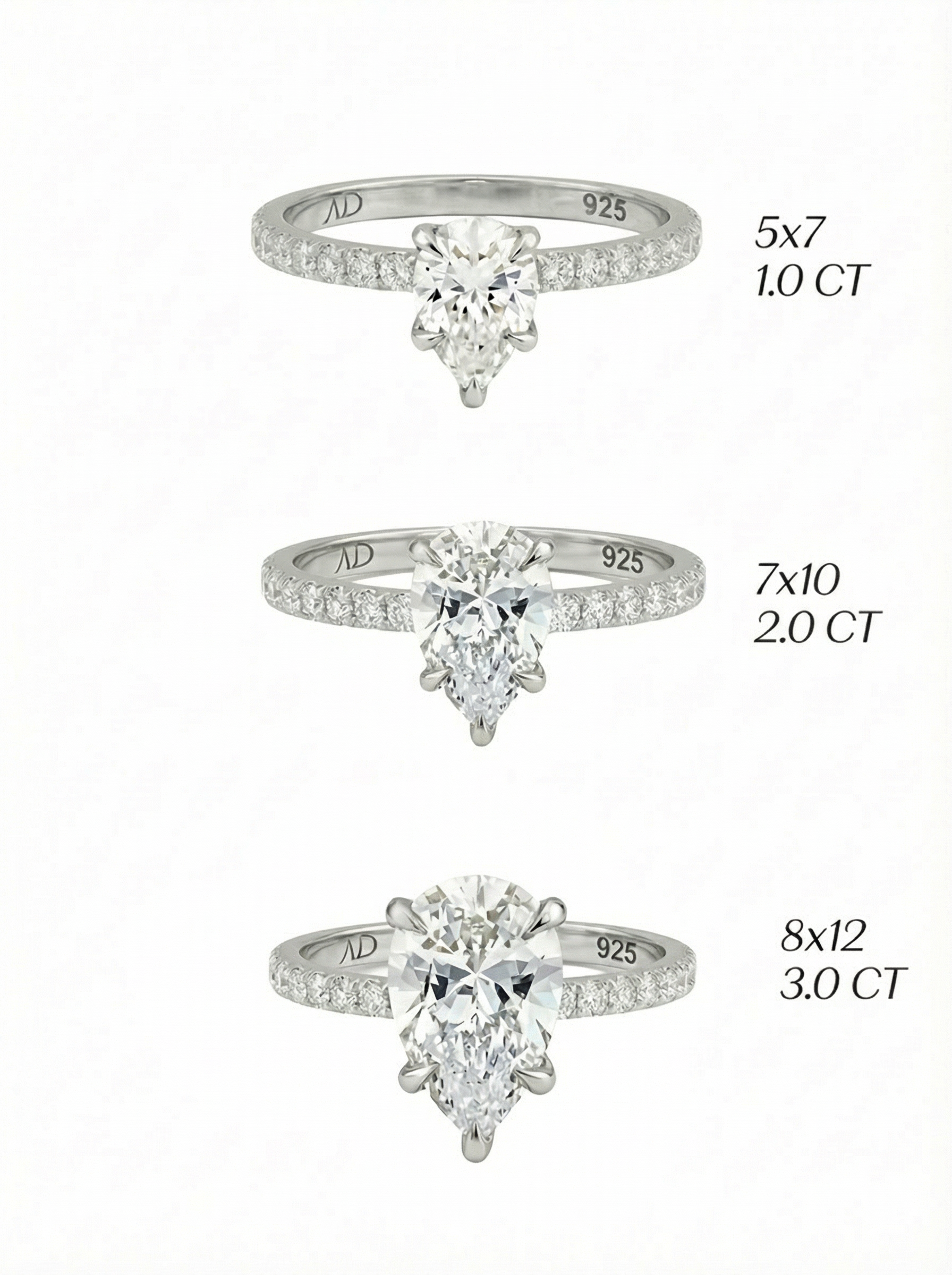 3.0CT Pear Cut Eternity yüzük, zarif damla kesimi ve 925 ayar gümüş tasarımıyla şık ve lüks bir görünüm sunuyor.