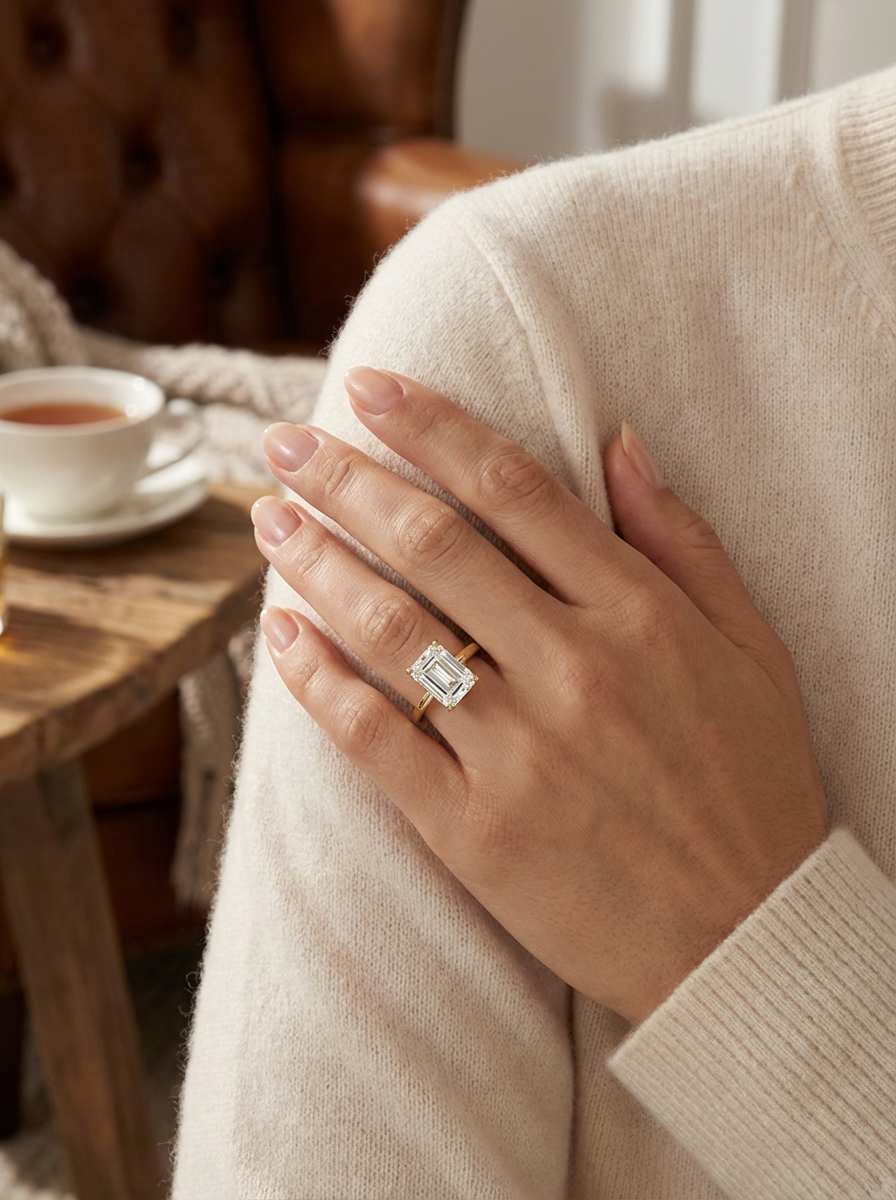 3.7CT Emerald Cut Yüzük, minimalist bant yapısıyla ön plana çıkan taşın estetik duruşunu vurgular.