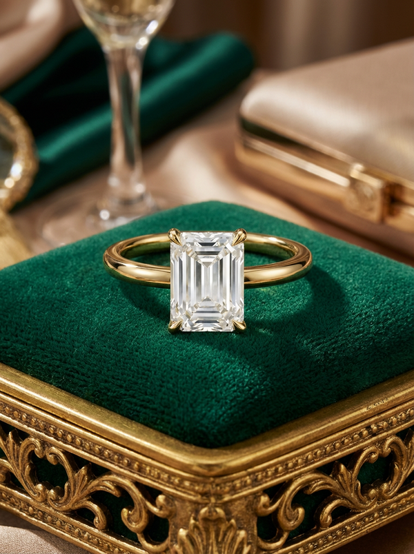 Gösterişli 2.5CT Emerald Cut Yüzük, dikdörtgen kesimi ve çeşitli renk seçenekleriyle zarafeti yansıtıyor.