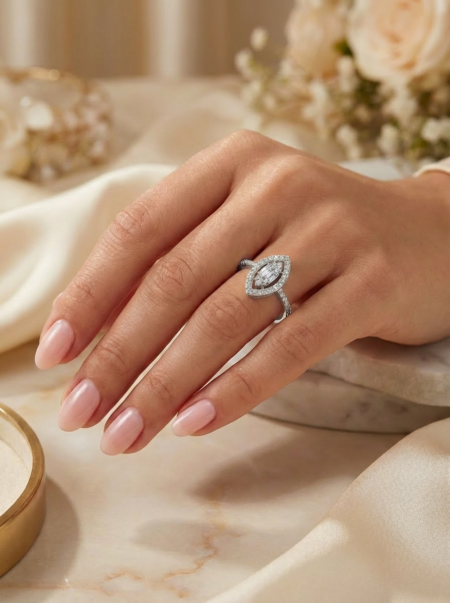 Emily Yüzük, zarif damla formu ve baget kesim taşlarıyla dikkat çeken lüks bir takı parçası.