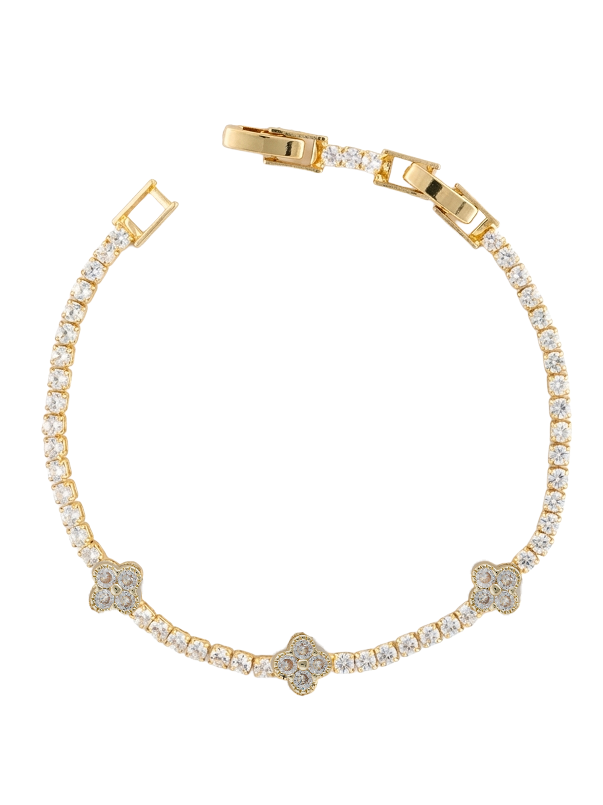 Elena Bileklik, üç adet beyaz zirkon taşlı yonca motifi ile ışıltılı su yolu zinciri tasarımı, lüks ve zarif görünümüyle bileğinizi süsler.