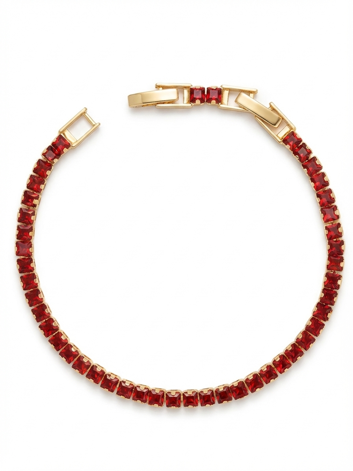 Zarif 2.5MM | Red Margot Princess Cut Su Yolu Bileklik, kırmızı kare kesim taşlarla modern bir tasarım. Atelier Duygu imzalı şık bilezik.