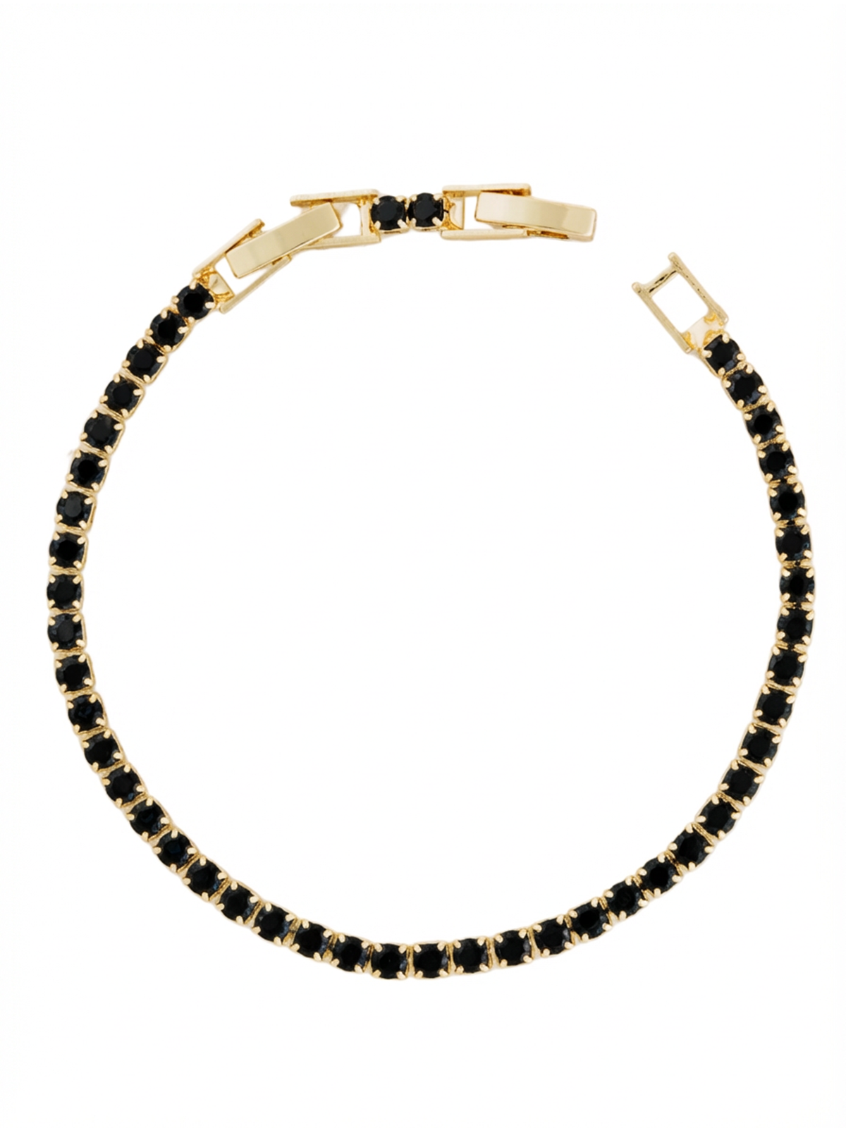Zarif 2.5MM Black Gold Su Yolu Bileklik, mat altın kaplama üzerinde sıralanmış parlak siyah zirkon taşlar ile lüks bir tasarım sunuyor.