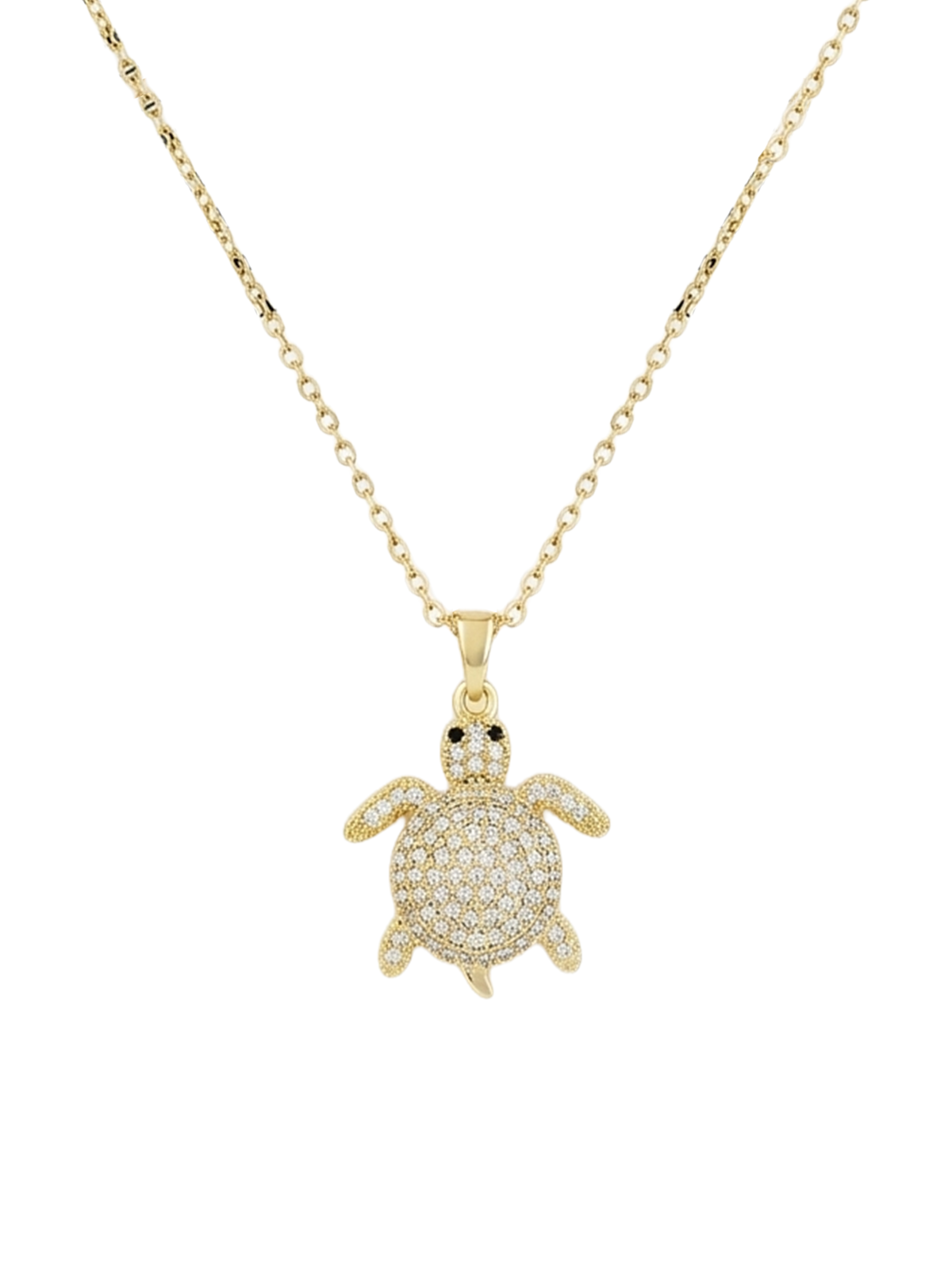 Adriana Kolye, göz alıcı beyaz zirkon taşlarla kaplı kaplumbağa figürü ile lüks bir görünüm sunuyor.